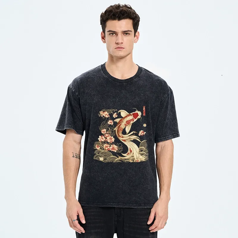 Tokyo-Tiger Golden Koi and Blossoms Washed T-Shirt