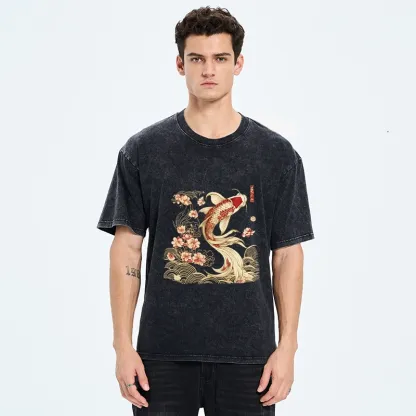 Tokyo-Tiger Golden Koi and Blossoms Washed T-Shirt