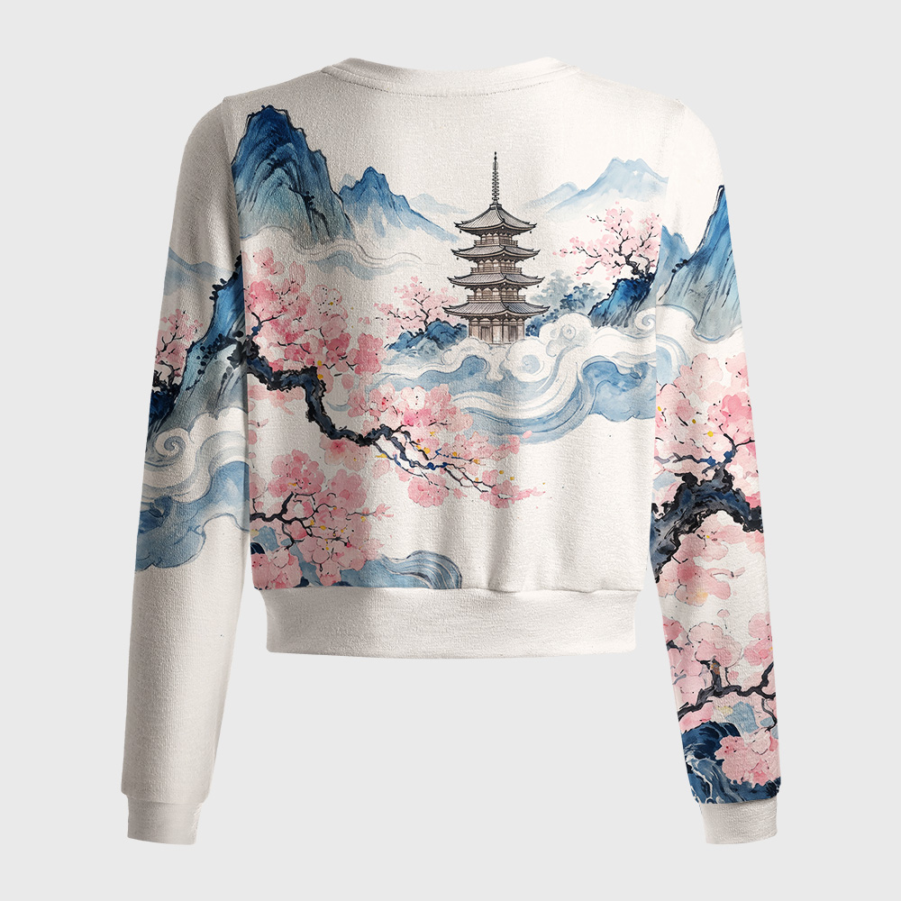 Tokyo-Tiger Japanese Pagoda Cherry Blossom Ink Landscape Women's Lightweight Cardigan