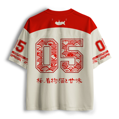 Tokyo-Tiger Kimono Cat Enjoying Taiyaki Mesh Jersey