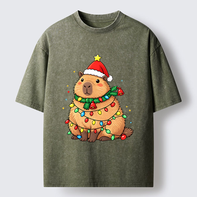 Tokyo-Tiger Chill Capybara In Christmas Outfit Washed T-Shirt