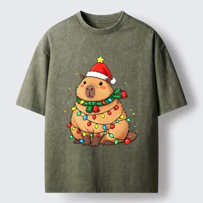 Tokyo-Tiger Chill Capybara In Christmas Outfit Washed T-Shirt