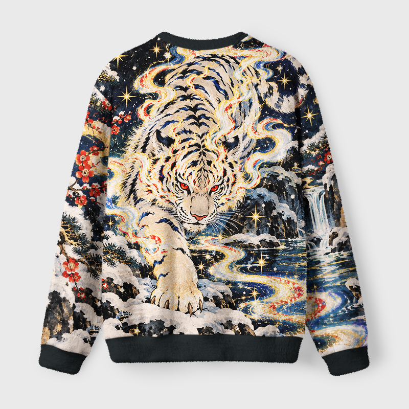 Tokyo-Tiger Snow Mountain White Tiger Fuzzy Christmas Ugly Sweatshirt