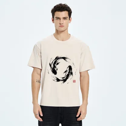Tokyo-Tiger Ink Koi Fish Circle Washed T-Shirt
