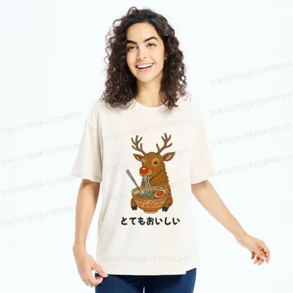 Tokyo-Tiger Reindeer Eating Ramen Washed T-Shirt