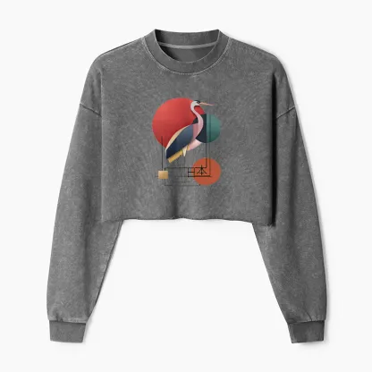 Tokyo-Tiger Geometric Crane Art Washed Crop Sweatshirt