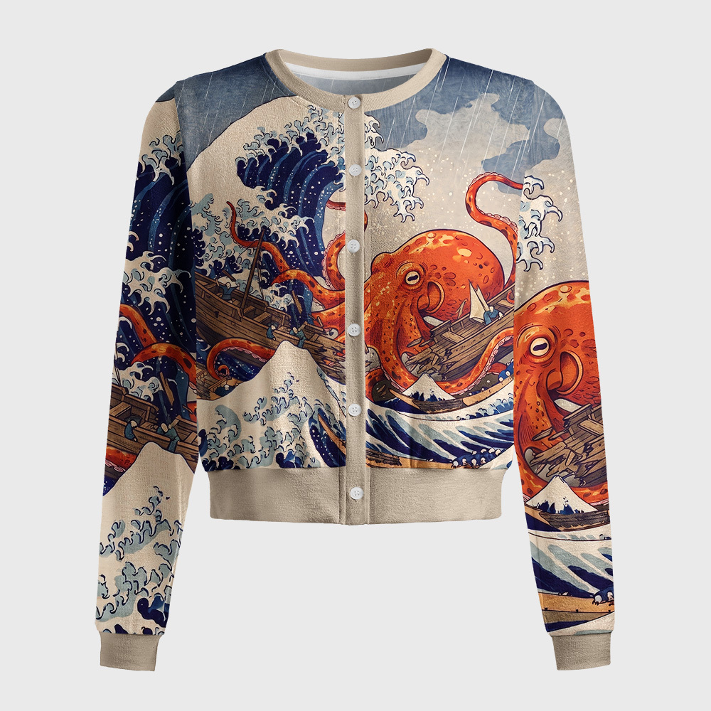 Tokyo-Tiger Japanese Sea Monster Octopus Vintage Wave Women's Lightweight Cardigan