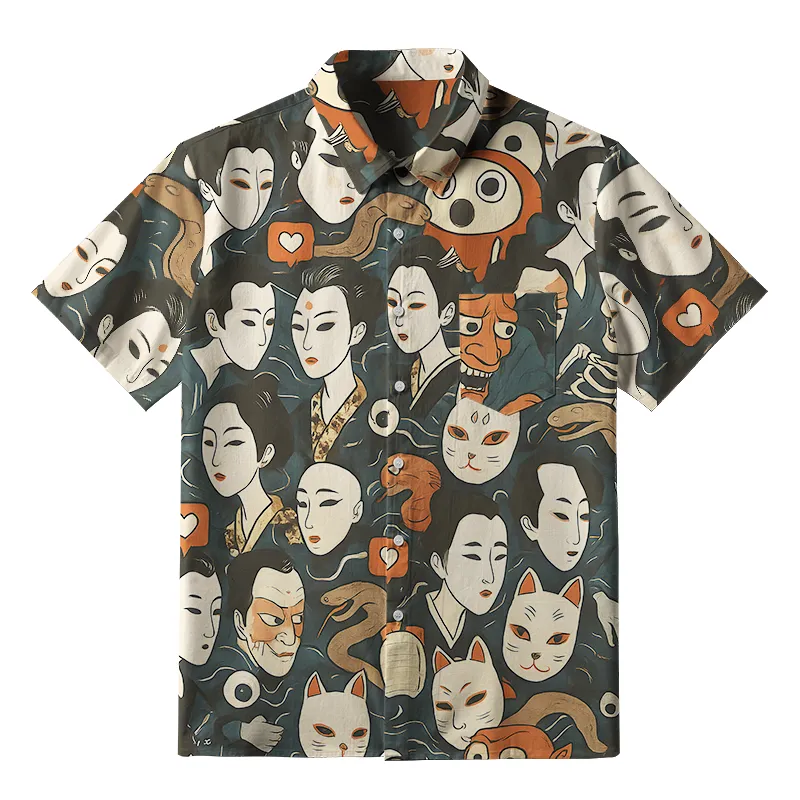 Tokyo-Tiger Japanese Geisha And Mask Button-up Shirt