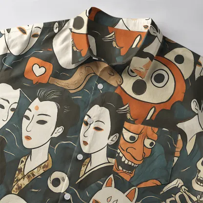Tokyo-Tiger Japanese Geisha And Mask Button-up Shirt