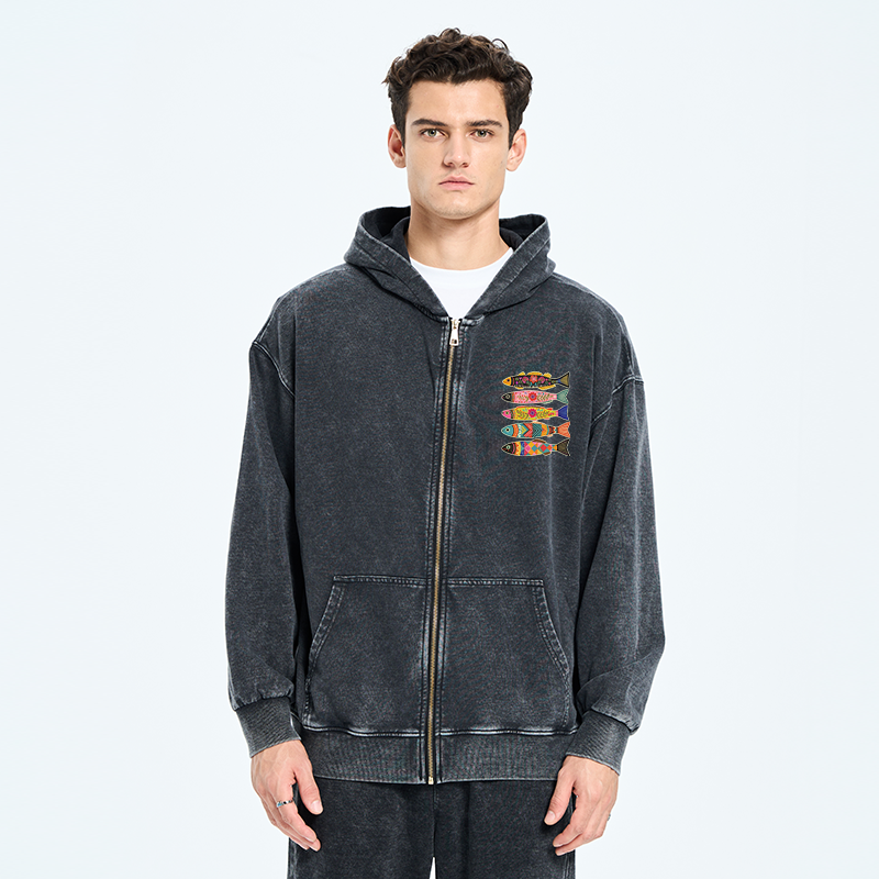 Tokyo-Tiger Colorful Patterned Fish Washed Zip Hoodie