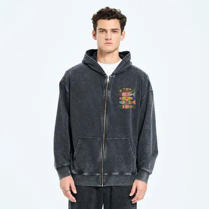 Tokyo-Tiger Colorful Patterned Fish Washed Zip Hoodie