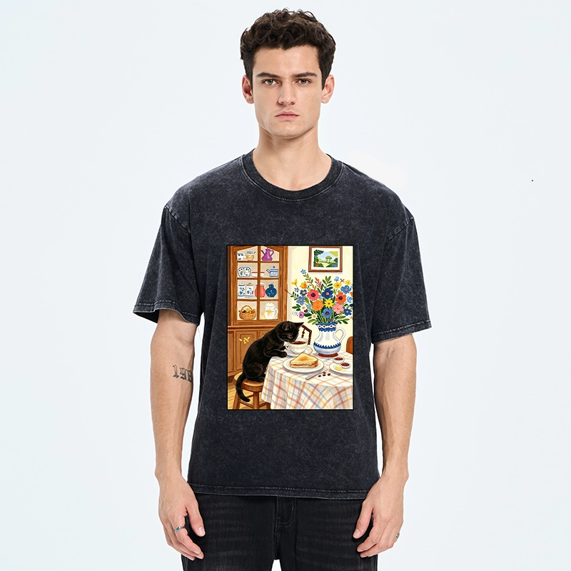 Tokyo‑Tiger Cute Snack Time Cat Washed T‑Shirt