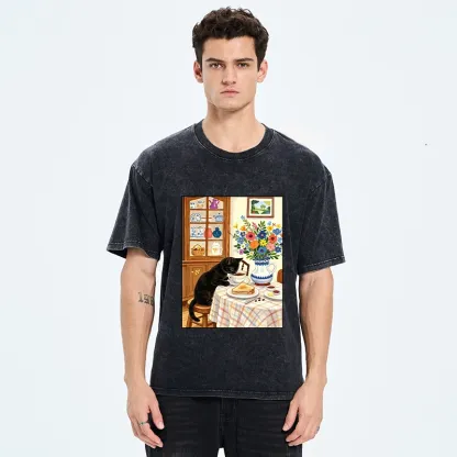 Tokyo‑Tiger Cute Snack Time Cat Washed T‑Shirt