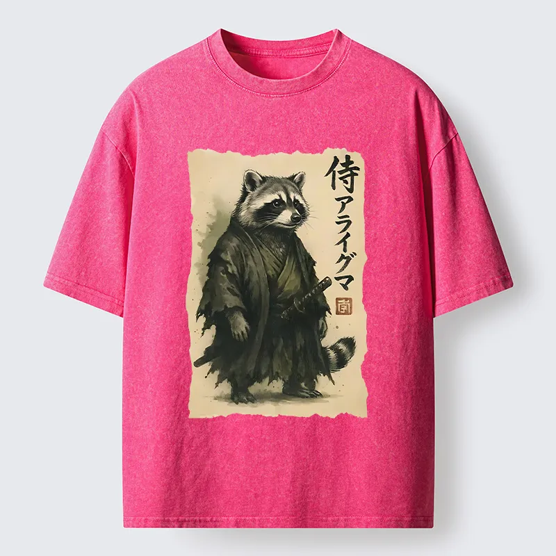 Tokyo-Tiger Japanese Samurai Raccoon Art Washed T-Shirt