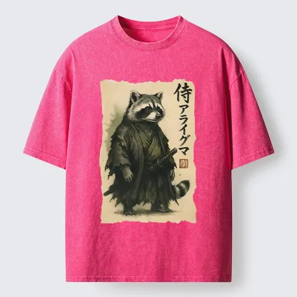 Tokyo-Tiger Japanese Samurai Raccoon Art Washed T-Shirt