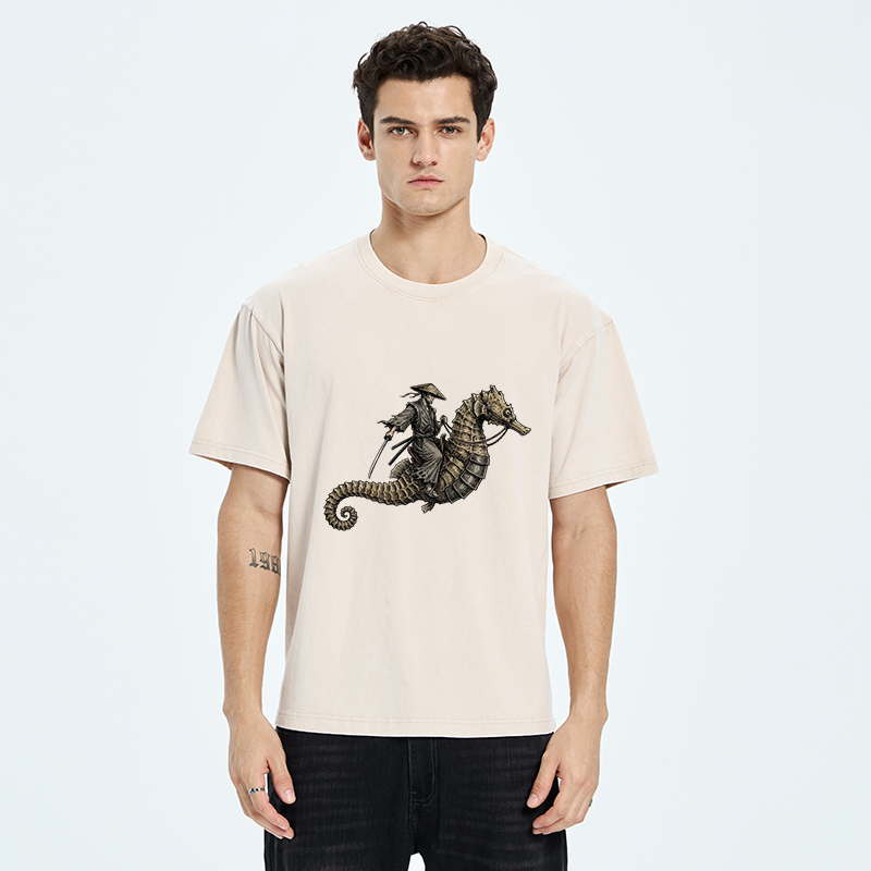 Tokyo-Tiger Samurai Riding Seahorse Washed T-Shirt