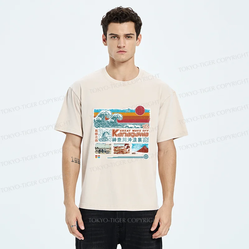 Tokyo-Tiger Retro Ukiyo-e Waves Washed T-Shirt
