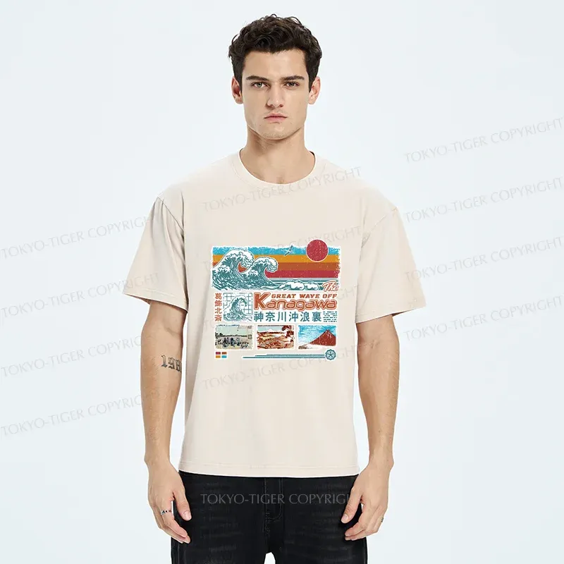 Tokyo-Tiger Retro Ukiyo-e Waves Washed T-Shirt