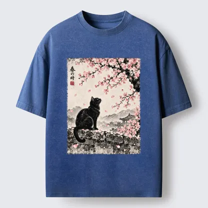 Tokyo-Tiger Spring Black Cat Art Washed T-Shirt