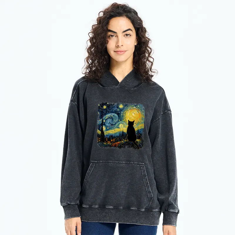 Tokyo-Tiger The Starry Night Cat Washed Hoodie