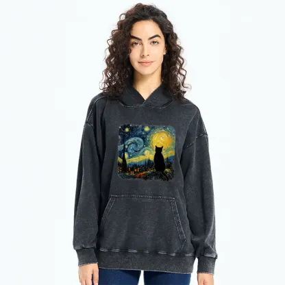 Tokyo-Tiger The Starry Night Cat Washed Hoodie