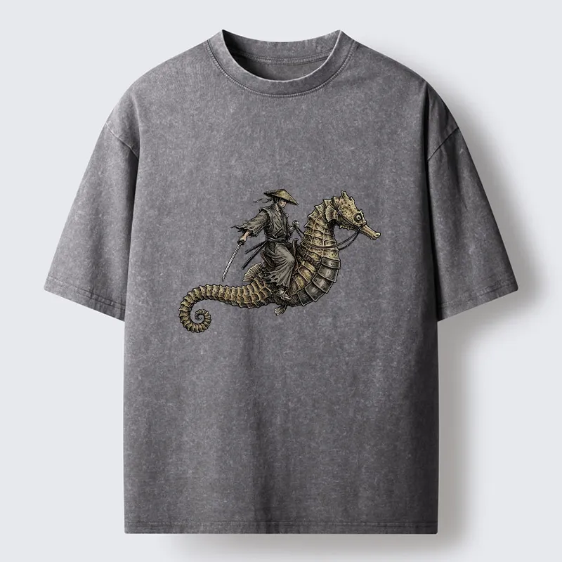 Tokyo-Tiger Samurai Riding Seahorse Washed T-Shirt