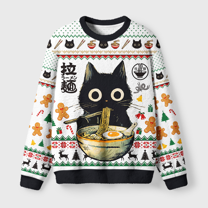 Tokyo-Tiger Cute Black Cat Eating Ramen Japan Fuzzy Christmas Ugly Sweatshirt