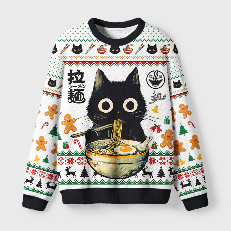 Tokyo-Tiger Cute Black Cat Eating Ramen Japan Fuzzy Christmas Ugly Sweatshirt