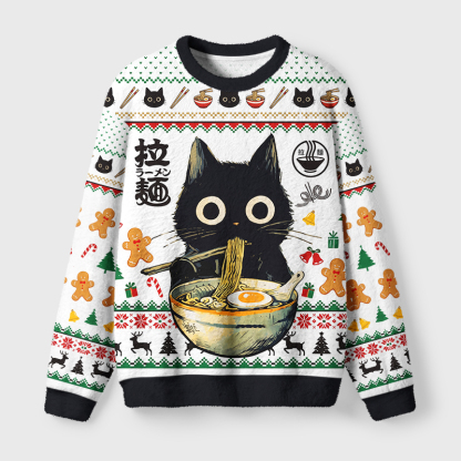 Tokyo-Tiger Cute Black Cat Eating Ramen Japan Fuzzy Christmas Ugly Sweatshirt
