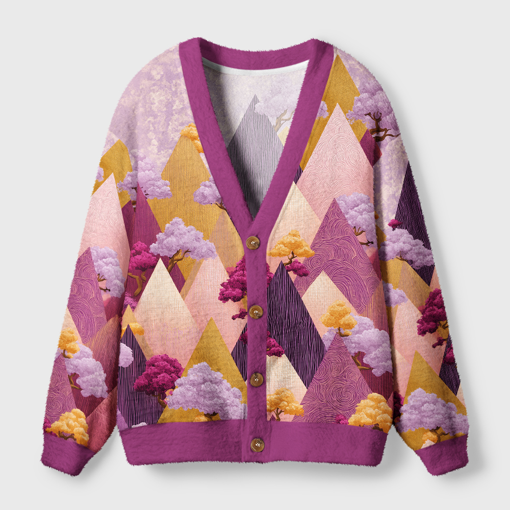Tokyo-Tiger Geometric Purple Peaks Ugly Cardigan Sweater
