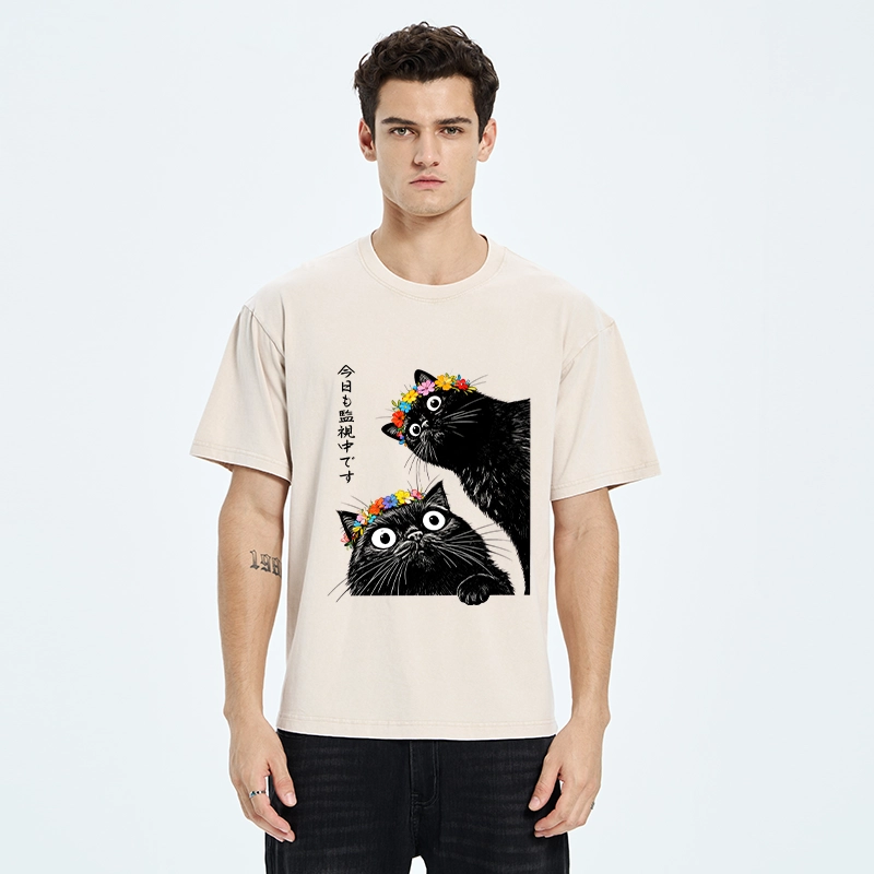 Tokyo-Tiger Flower Crown Black Cat Washed T-Shirt