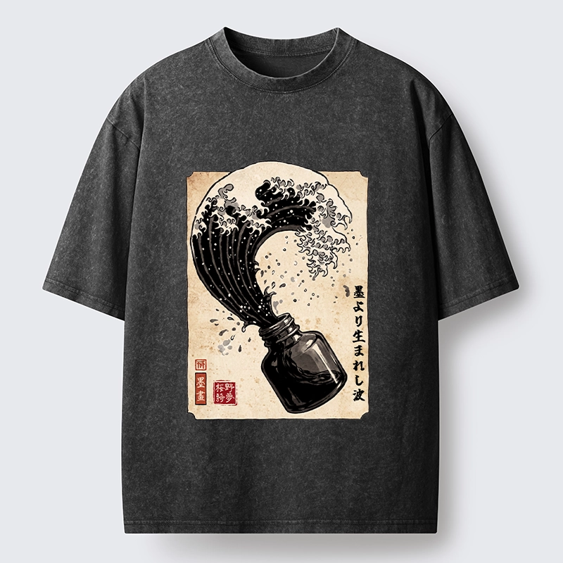 Tokyo‑Tiger Ink Wave Bottle Art Washed T‑Shirt