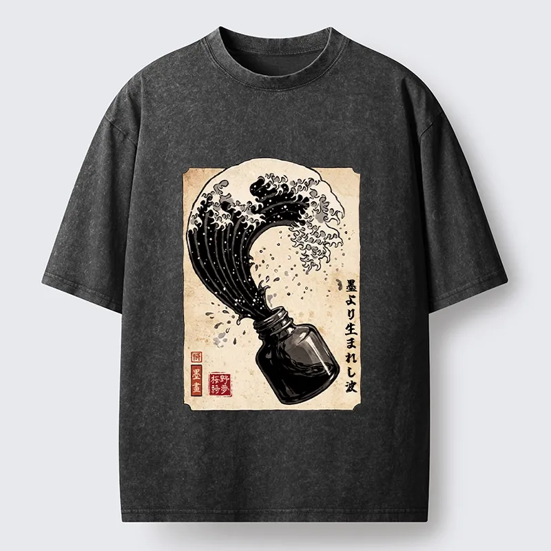 Tokyo‑Tiger Ink Wave Bottle Art Washed T‑Shirt
