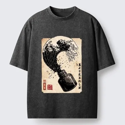 Tokyo‑Tiger Ink Wave Bottle Art Washed T‑Shirt