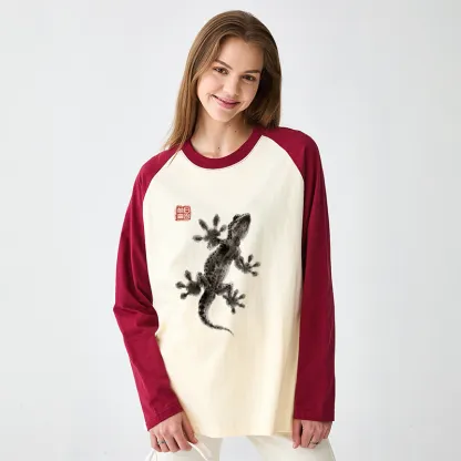 Tokyo-Tiger Minimal Asian Ink Brush Gecko Vibe Raglan Long Sleeve T-shirt