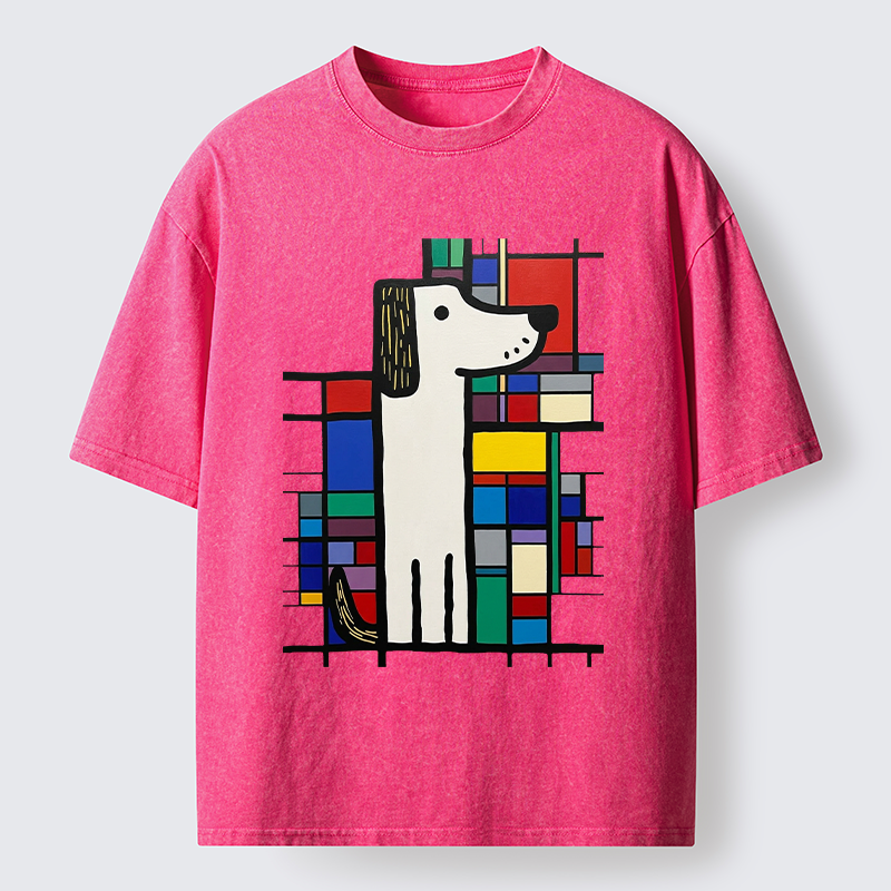 Tokyo-Tiger Geometric Cute Dog Art Washed T-Shirt