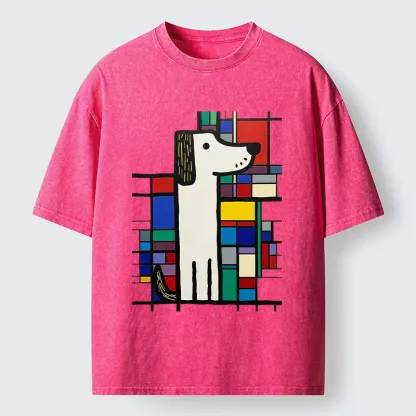 Tokyo-Tiger Geometric Cute Dog Art Washed T-Shirt