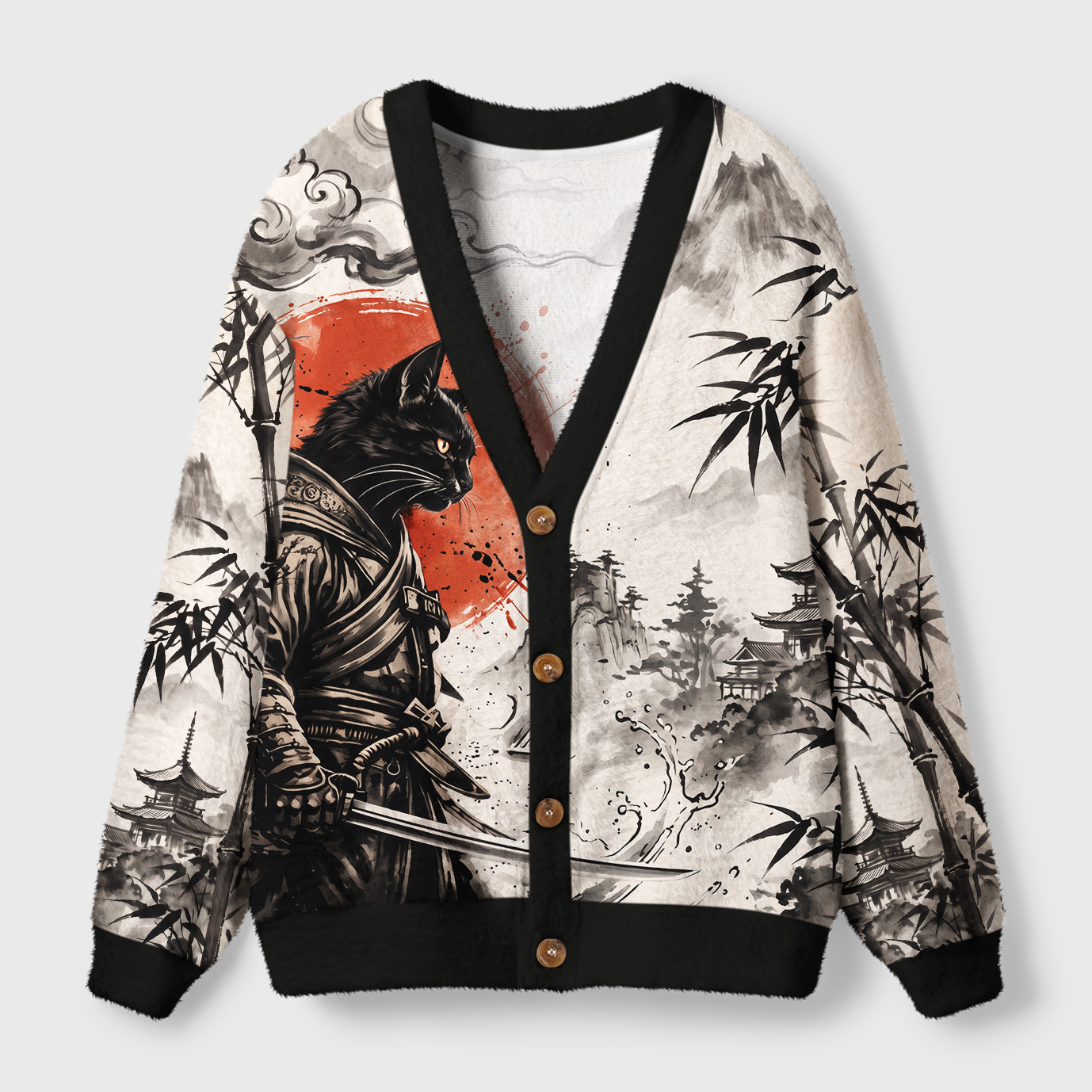 Tokyo-Tiger Retro Samurai Cat Ugly Cardigan Sweater