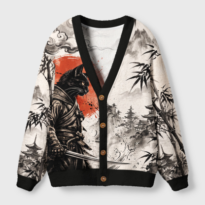 Tokyo-Tiger Retro Samurai Cat Ugly Cardigan Sweater