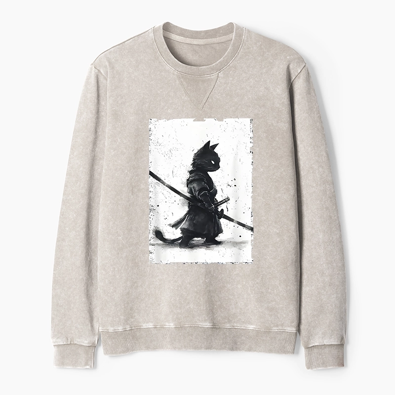 Tokyo-Tiger Retro Cat Samurai Japanese Washed Terry Sweatshirt