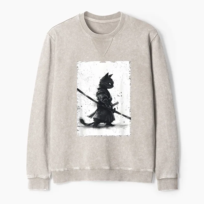 Tokyo-Tiger Retro Cat Samurai Japanese Washed Terry Sweatshirt