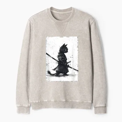 Tokyo-Tiger Retro Cat Samurai Japanese Washed Terry Sweatshirt