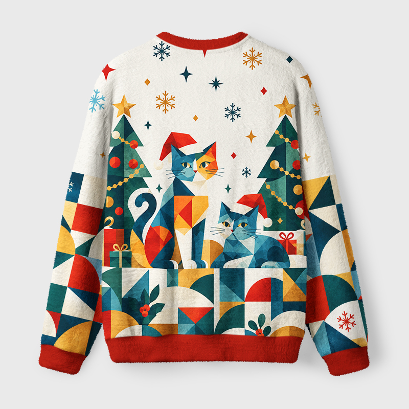 Tokyo-Tiger Geometric Christmas Cute Cats Fuzzy Christmas Ugly Sweatshirt