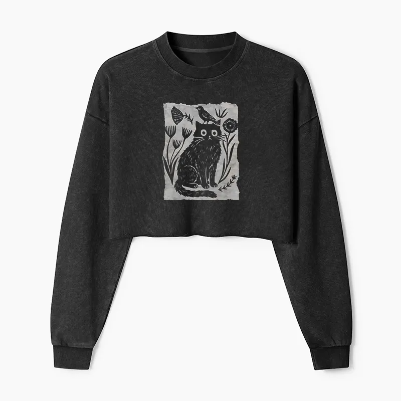 Tokyo-Tiger Folk Paper Cut Cat Bird Floral Art Washed Crop Sweatshirt