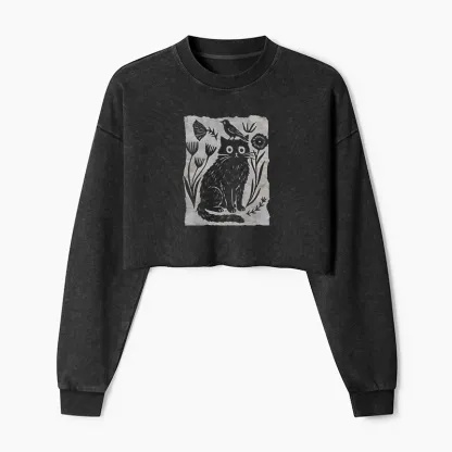 Tokyo-Tiger Folk Paper Cut Cat Bird Floral Art Washed Crop Sweatshirt