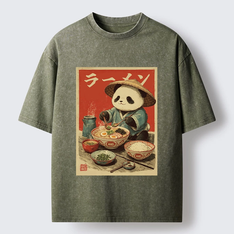 Tokyo-Tiger Panda Enjoying Ramen Washed T-Shirt