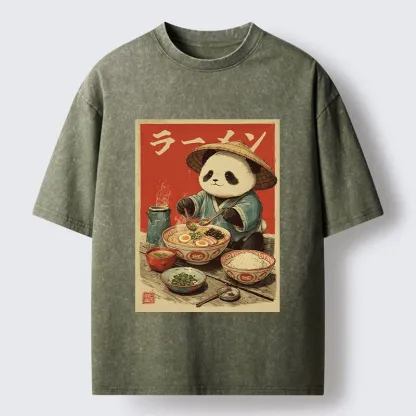 Tokyo-Tiger Panda Enjoying Ramen Washed T-Shirt