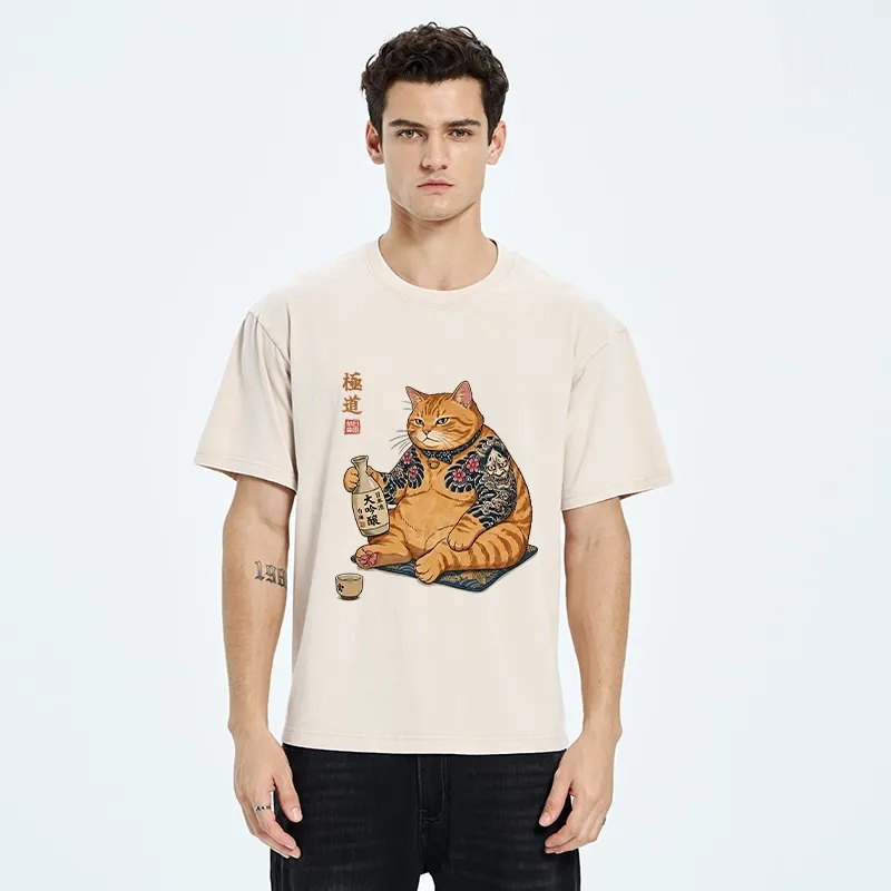 Tokyo-Tiger Traditional Japanese Cat Sake Tee Washed T-Shirt