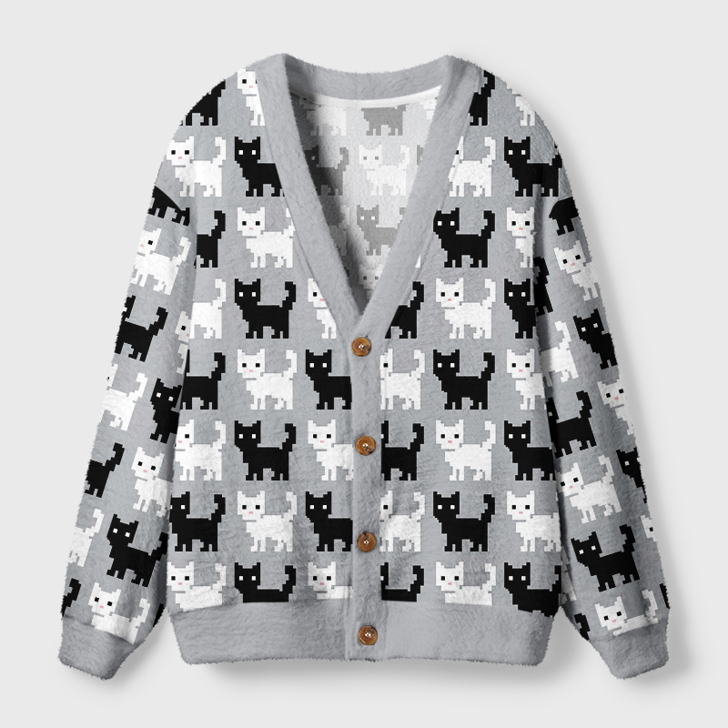 Tokyo-Tiger Retro Pixel Black White Cat Ugly Cardigan Sweater