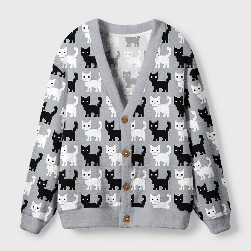 Tokyo-Tiger Retro Pixel Black White Cat Ugly Cardigan Sweater